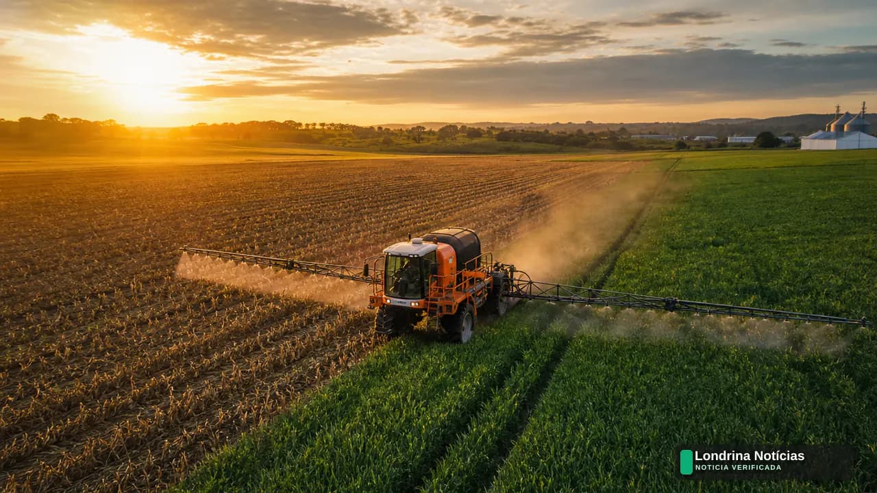 Produtor rural observa lavoura de soja e movimentação de maquinário no campo do Paraná ao pôr do sol