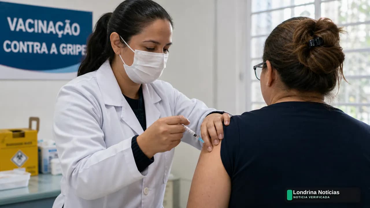 Profissional de saúde aplica vacina contra gripe em morador de Cambira na sala de vacinação