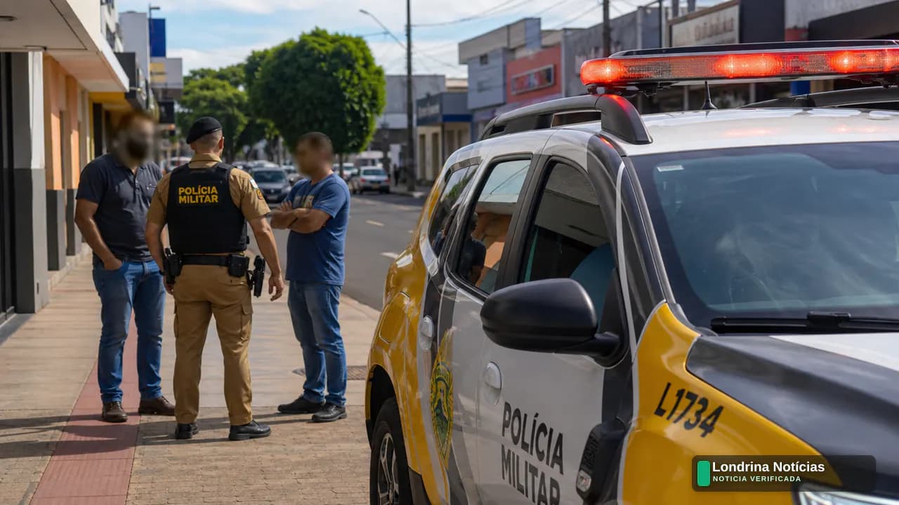 Viatura da Polícia Militar parada na Avenida Jamil Assad Jamus em Mauá da Serra durante atendimento a ocorrência
