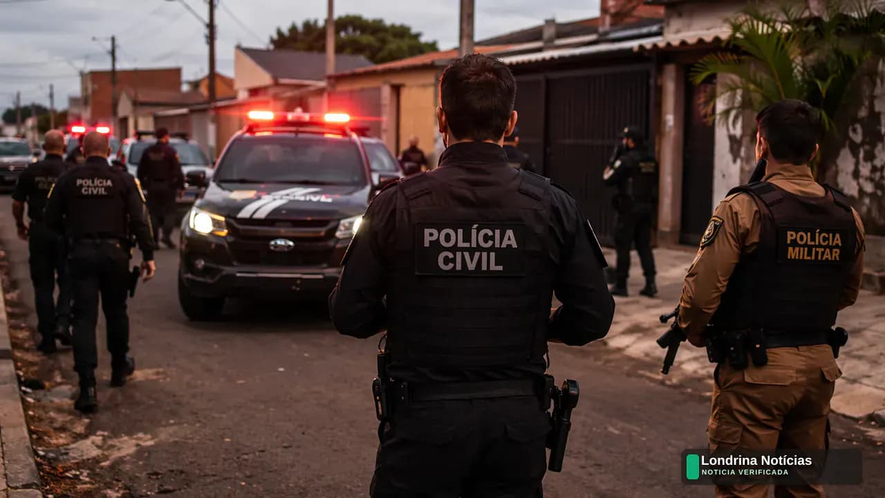 Viaturas policiais durante operação conjunta em frente a endereço investigado em Londrina